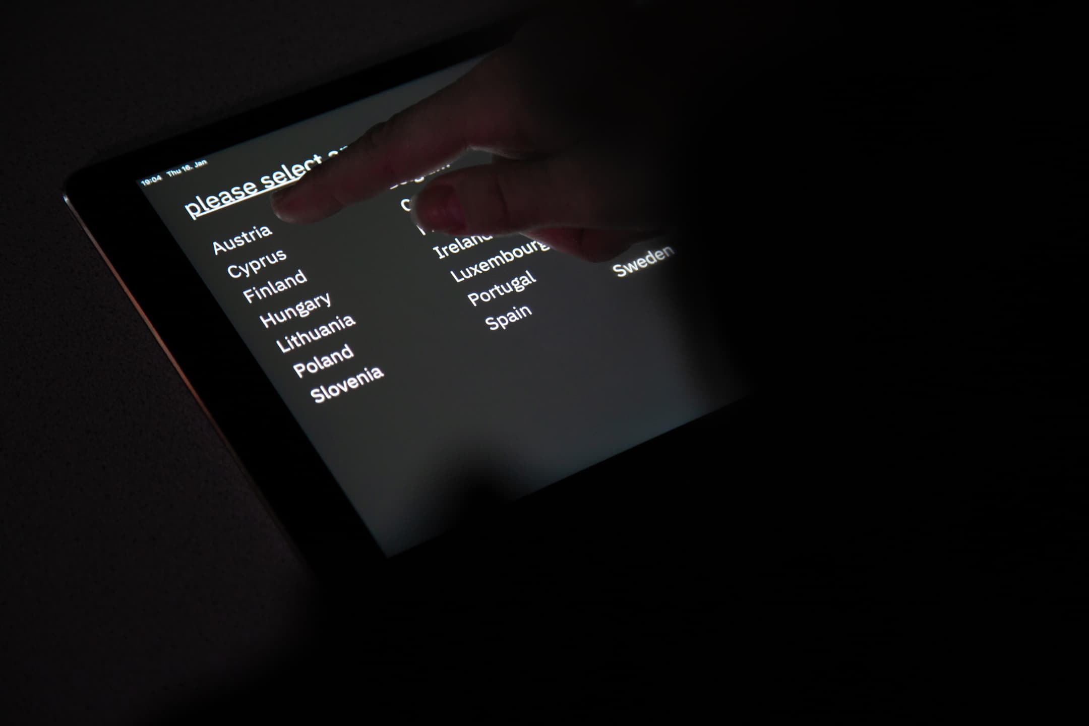 iPad screen: selecting a country from a list of EU Member States